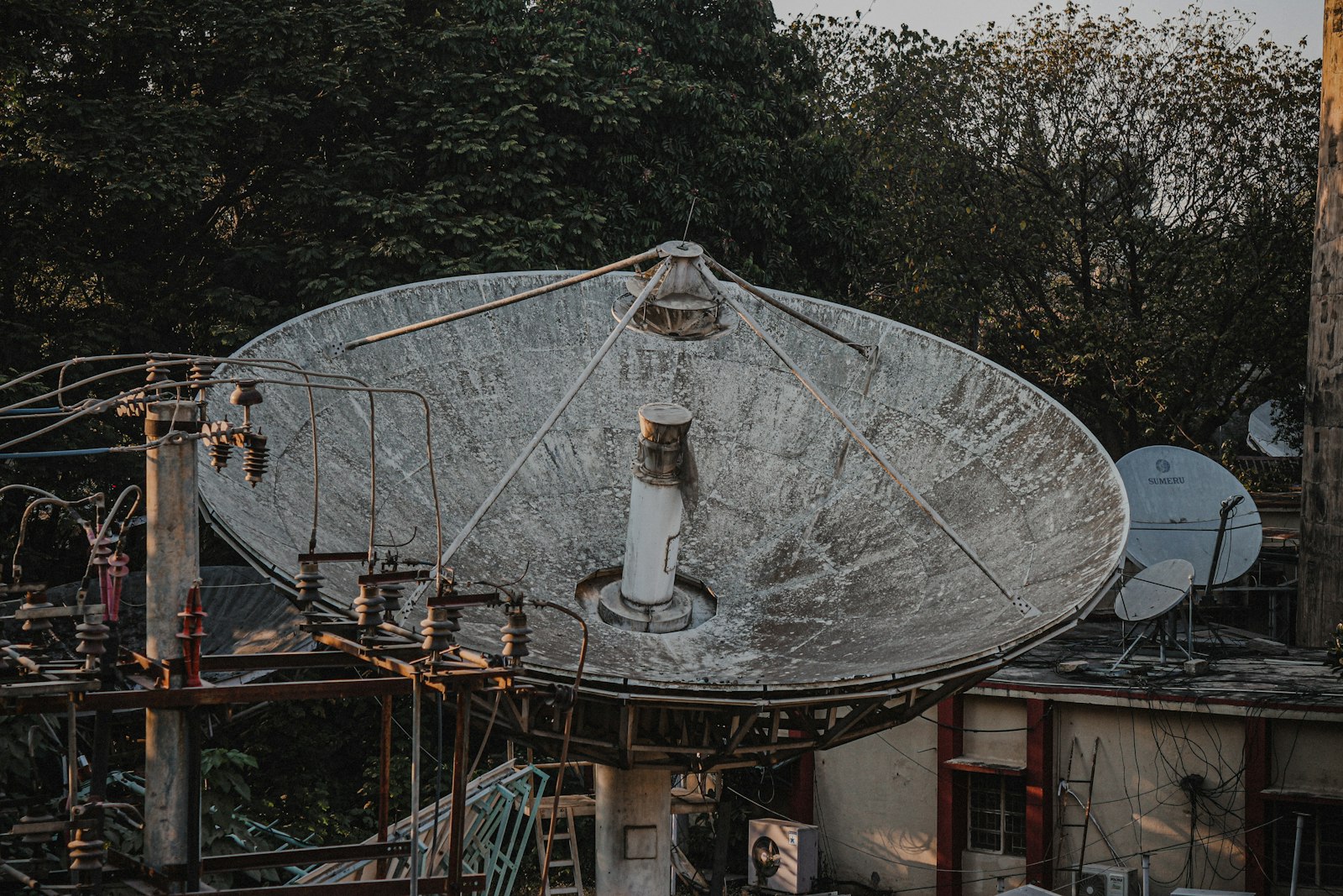 Industrial satellite dish structure showing technical reflector mechanics