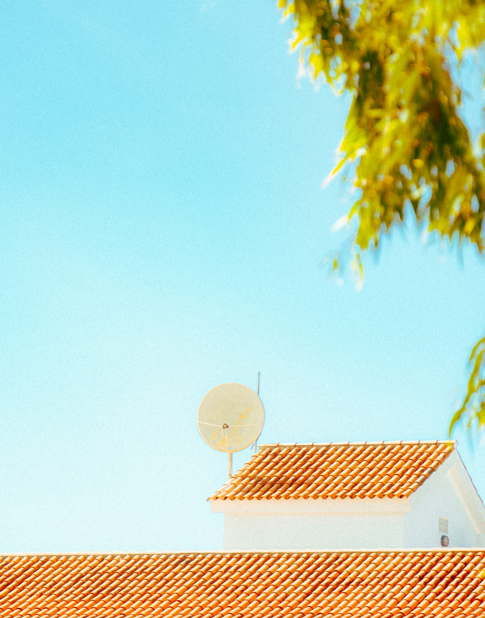 Tile rooftop with satellite dish in sunny coastal weather